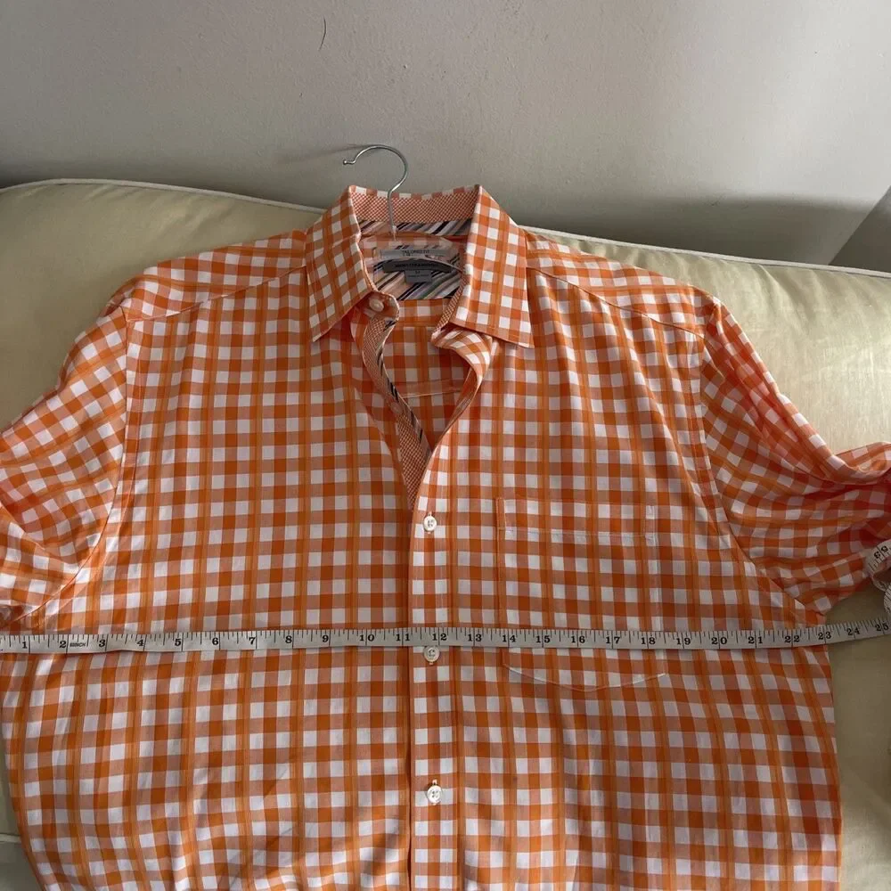 Johnston & Murphy tailored fit Orange Gingham Plaid shirt Contrast Trim Size M